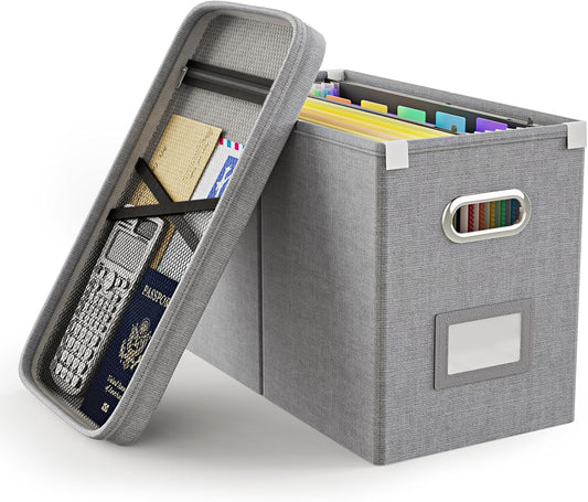 Oterri File Organizer Box with Lid, Hanging Filing File Box with Mesh Pocket, Document Organizer Box for Letter Files, Portable Storage Box with Smooth Sliding Rail for Office&Home(1 PCS, Grey)