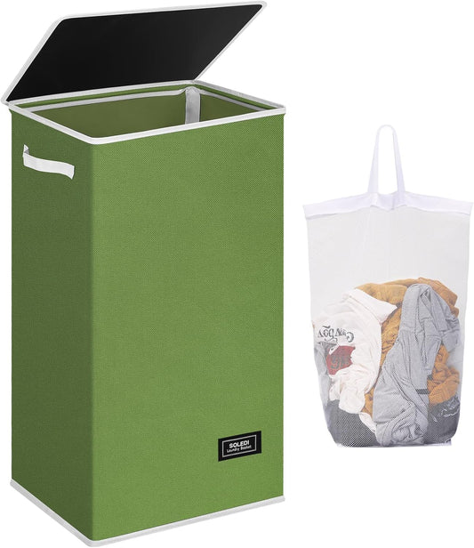 SOLEDI Laundry Hamper with Lid 100L Large & Tall Collapsible Laundry Basket, Clothes Hamper with Bag Removable Easy to Carry, Dirty Hampers for Bedroom, Bathroom, Dorm, College, Dark Green