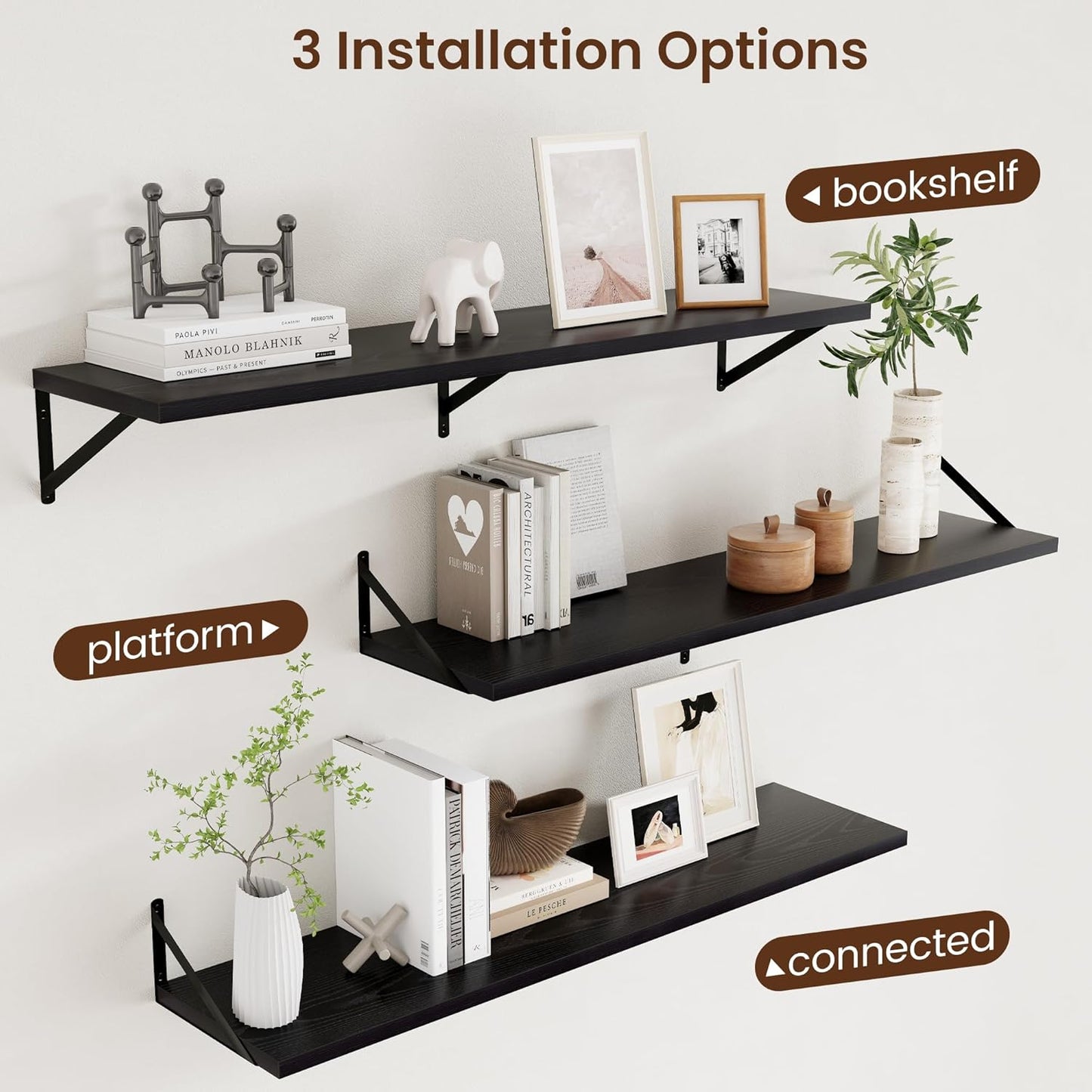 Axeman Floating Shelves for Wall Black- 48 Inch Wide x 12 Inch Deep Wall Shelves Set of 2 - Black Deep Wood Floating Shelves for Living Room Bedroom Laundry Room