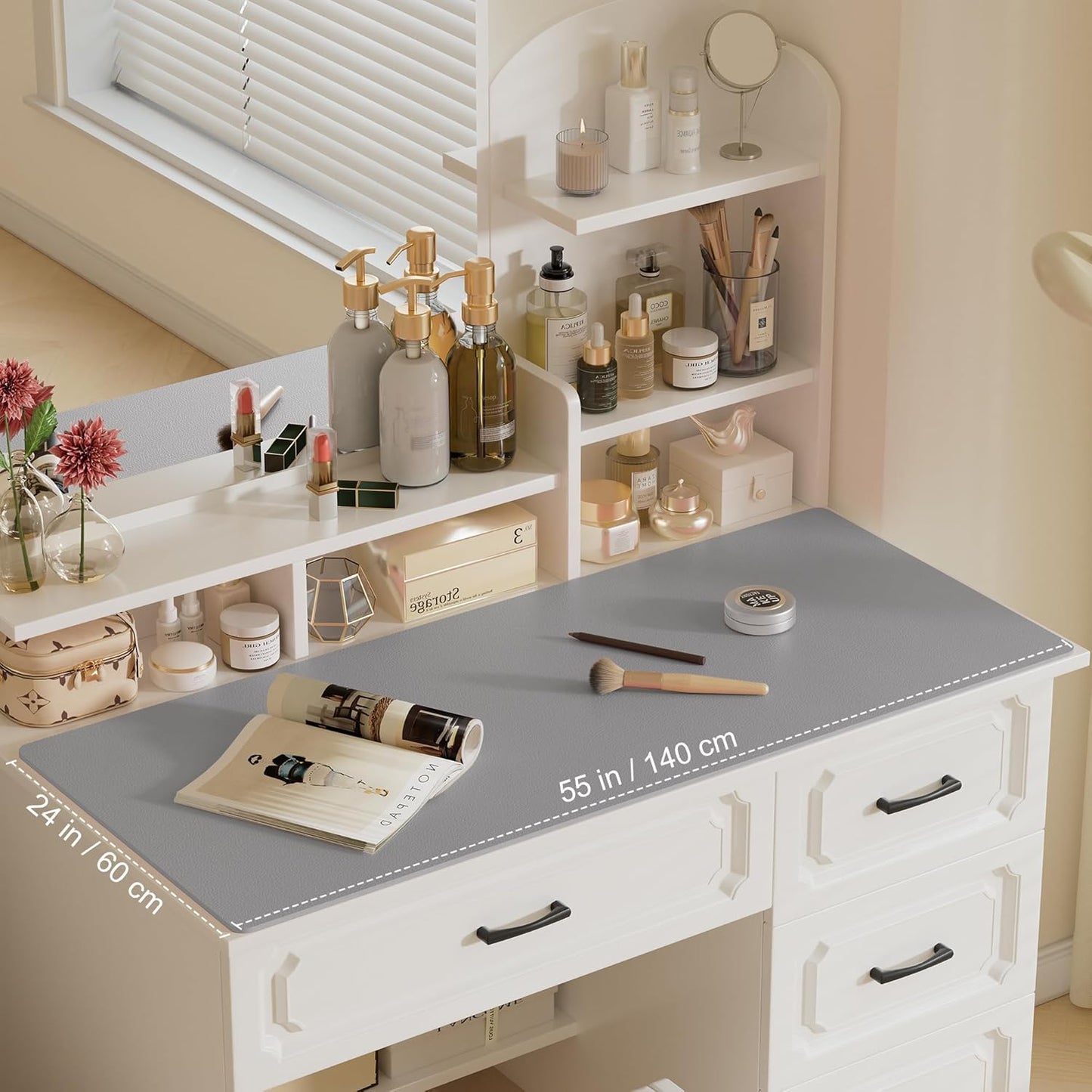 Aothia Leather Desk Pad Protector, Office Desk Mat, Large Mouse Pad, Laptop Desk Pad, Non-Slip PU Leather Desk Blotter, Waterproof Desk Writing Pad for Office and Home (Light Grey, 55" x 24")