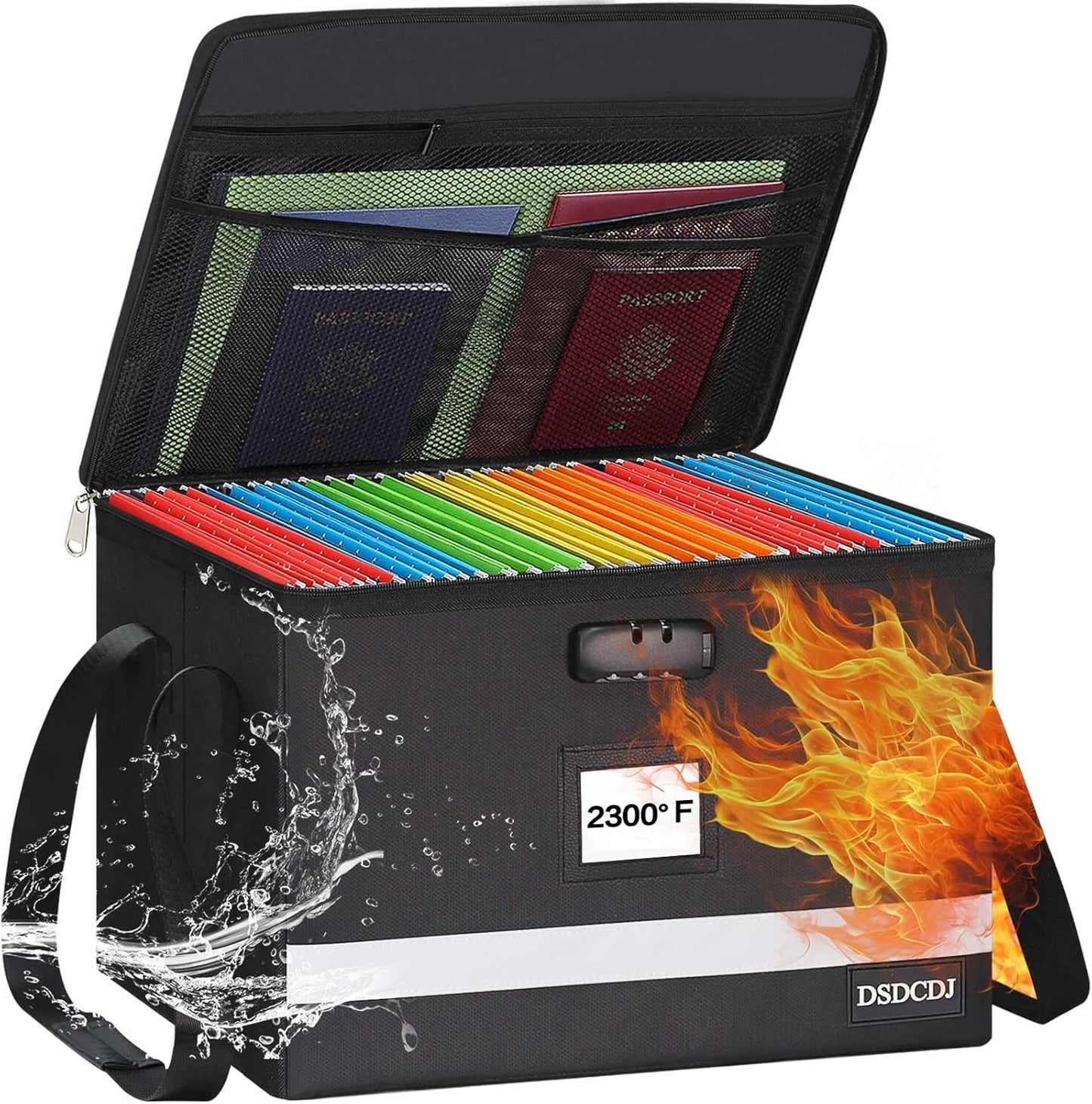 Fireproof File Box with Lock, Upgraded Fireproof Document Box with Reflective Strip, Portable File Organizer Filing Cabinet with Handle for Hanging Letter/Legal Folder, 15.5" x 12.3" x 10.5"