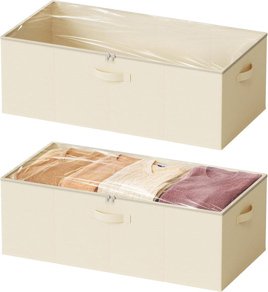 SpaceAid 2 Pack 10" High Under Bed Storage Containers, Large Underbed Storage Organizer Bins with Lids for Bedroom, Dorm, Clothes, Closet Organization, Bed Sheets and Blankets (Beige)