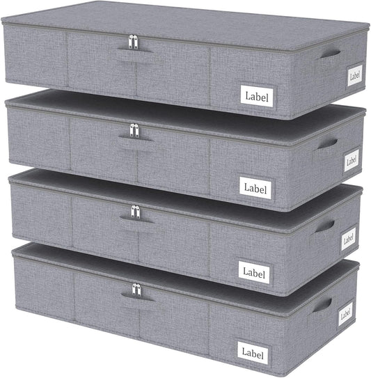 Yawinhe Foldable Underbed Storage Bags, Containers Bin with Lids, Large Under Bed Organizer Box, with Sturdy Zipper und Label Holders, for Clothing, 31.5''Lx15.7''Wx6''H, 4 Pack, Grey
