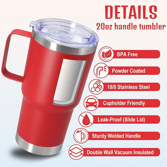 20 oz Tumbler with Handle and Lid, Stainless Steel Tumbler Insulated Travel Coffee Mug, Spill Proof Double Wall Vacuum Tumbler Cup Keep Drink Hot & Cold, Red, 1 Pack