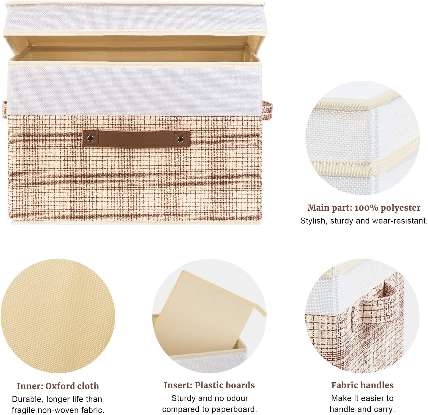 TYEERS Collapsible Storage Bins with Lids, Patchwork Design, Washable, Fabric Storage Boxes, 14.9x9.8x9.8 inches, 3 Pack, Camel Tan