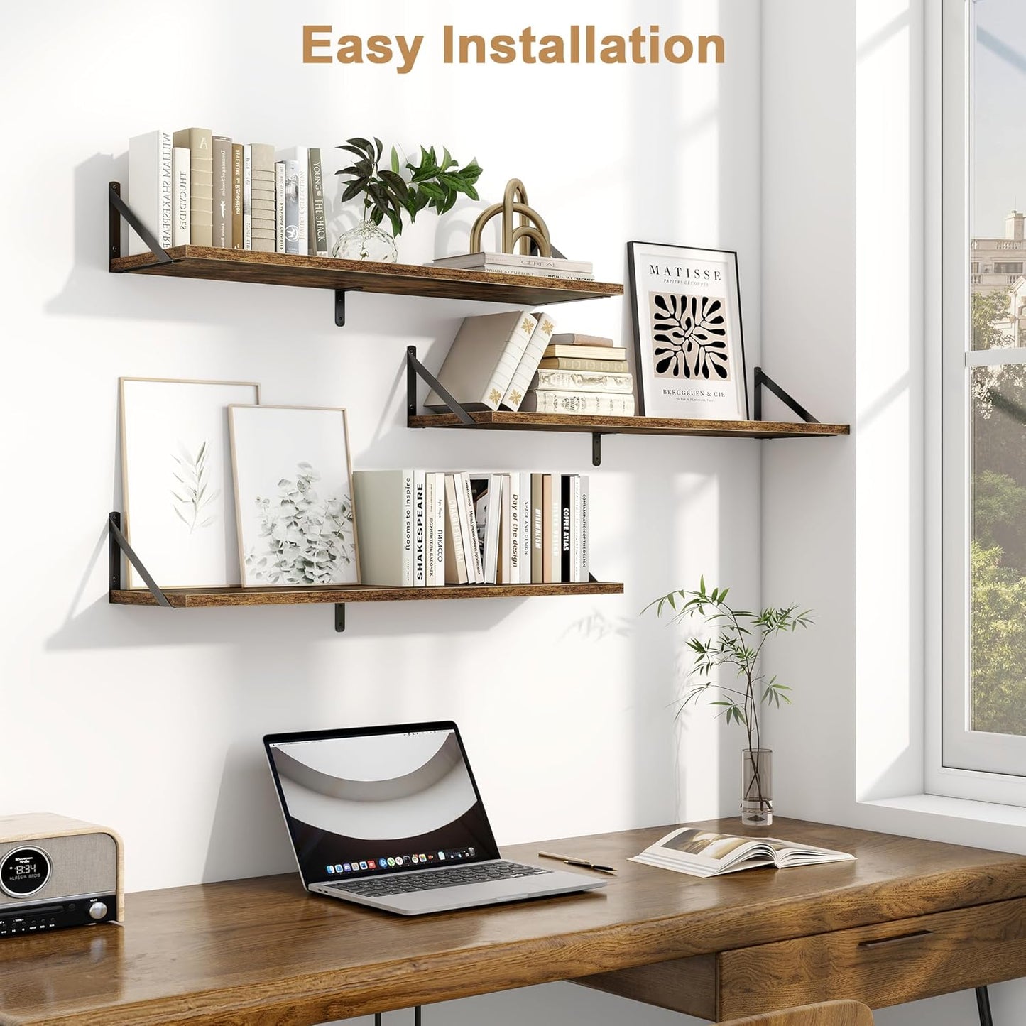 Fun Memories Floating Shelves for Wall, 36 Inches Long Set of 3 Wall Shelves for Bedroom, Floating Bookshelves with Metal Brackets for Living Room, Kitchen, Bedroom and Laundry Room (Rustic Brown)