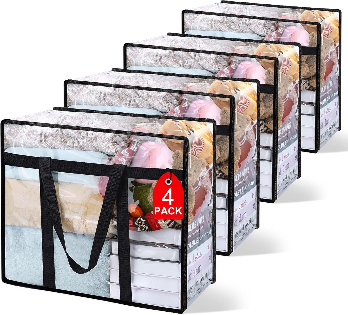 4Pack Clear Blanket Storage Bags, Vinyl Comforter Clothes Storage Closet Organizers and Storage Containers Moving Bags with Reinforced Handle for Bedding, Clothing, Comforters, Pillows, Toys,40L