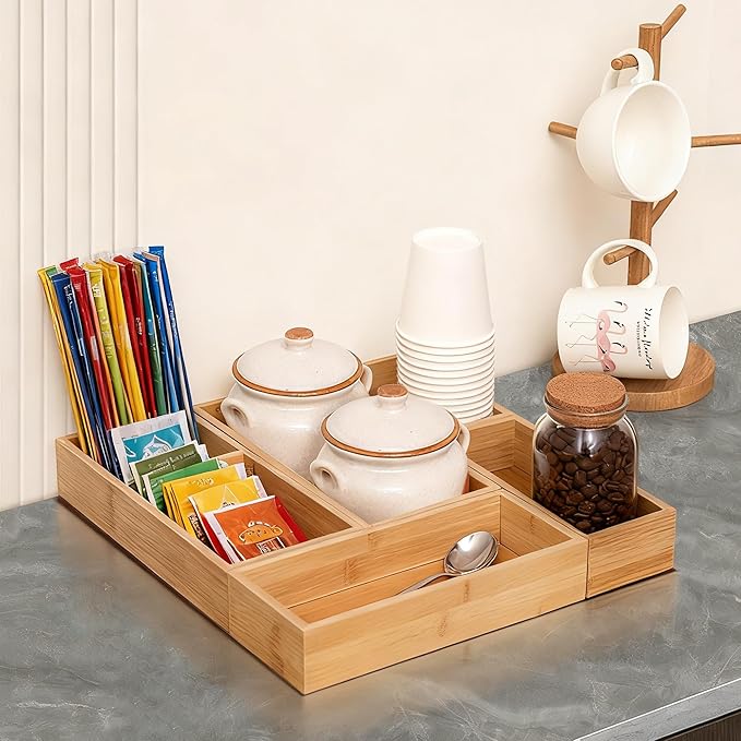 Bamboo Drawer Organizers Set, 5-Piece Multi-Use Wood Storage Organizers, Desk Drawer Tray for Kitchen, Bathroom, Office, Dresser, Bamboo Box Bin for Jewelry, Makeup, Junk, Gadgets