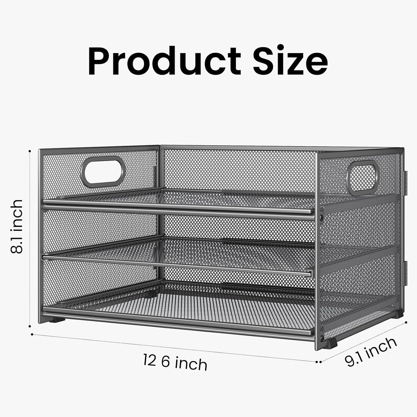 Subekyu 3 Tier Paper Letter Tray Organizer for Desk, Gray Metal Mesh Desk File Folder Sorter Organizer with Handle and Sliding Tray for Home, Office, School Supplies Organization Storage