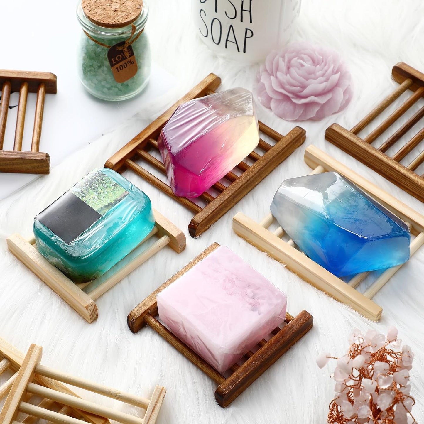 Sawysine 50 Pcs Bamboo Soap Holder Bulk Wood Soap Dish Bathroom Wooden Tray Saver Hand Craft Bathtub Self Draining Dish for Bar Kitchen, Gifts for Christmas, 2 Sizes(Charcoal and Wood Color)