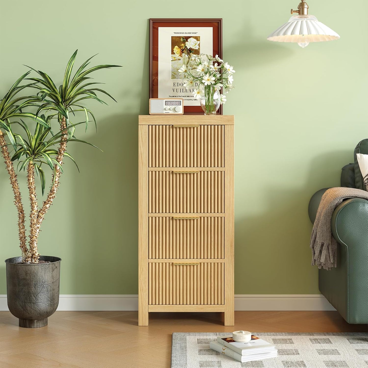 Mid-Century Modern Tall Wooden Dresser with 4 Spacious Drawers, Entryway Storage Chest with Smooth Metal Handles, Bedroom Clothes Organizer for Entryway, Office, and Small Spaces, Natural