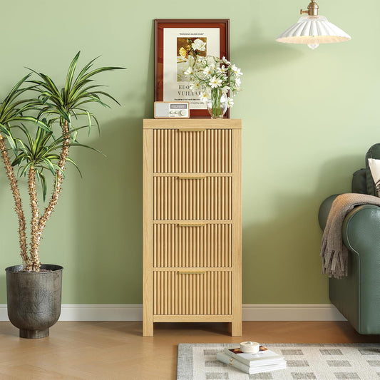 Mid-Century Modern Tall Wooden Dresser with 4 Spacious Drawers, Entryway Storage Chest with Smooth Metal Handles, Bedroom Clothes Organizer for Entryway, Office, and Small Spaces, Natural