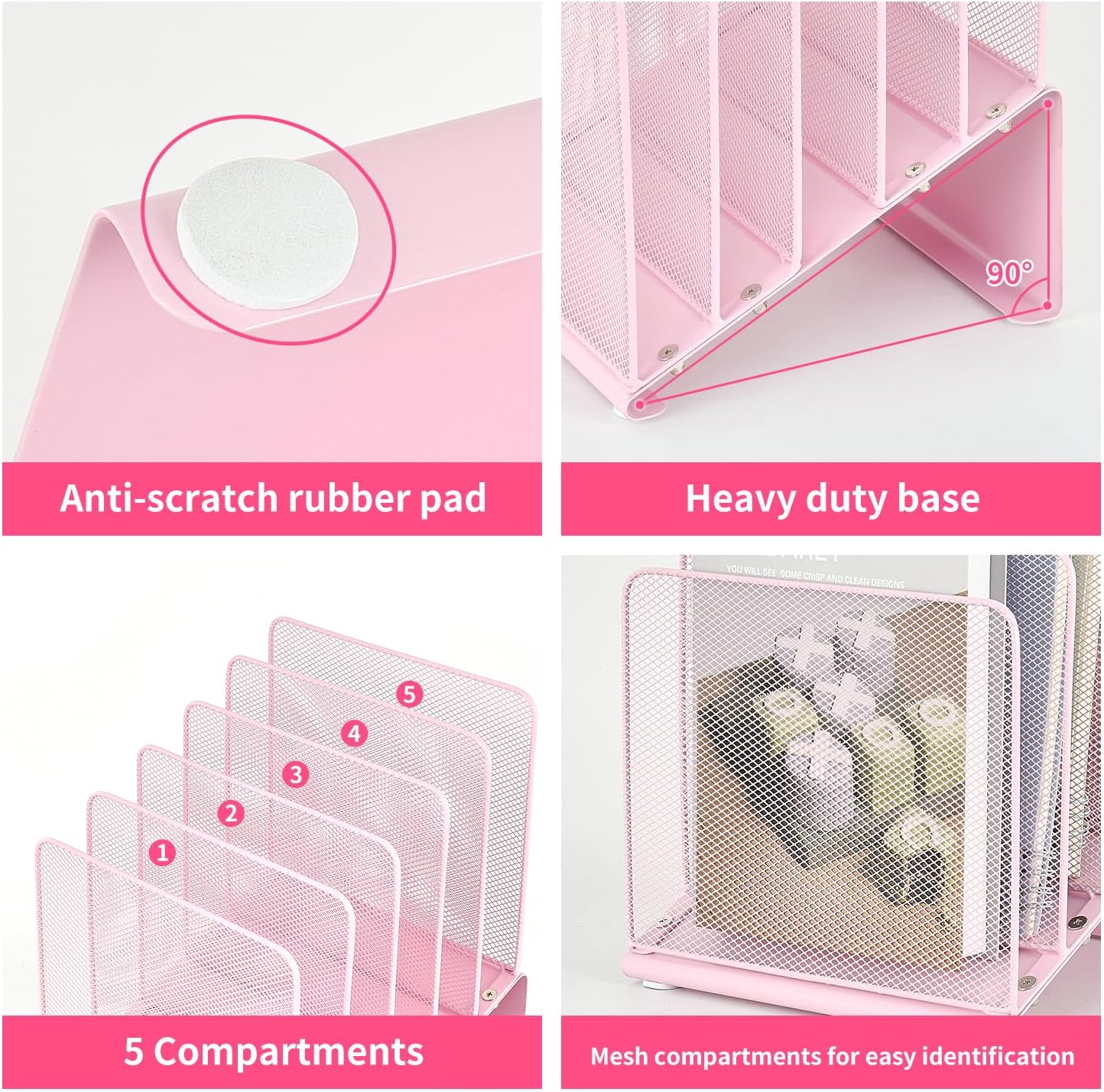 File Organizer for Desk, Desk Organizer with 5-Section Vertical File Rack, File Folder Organizer, Desk Accessories & Workspace Organizers (Pink)