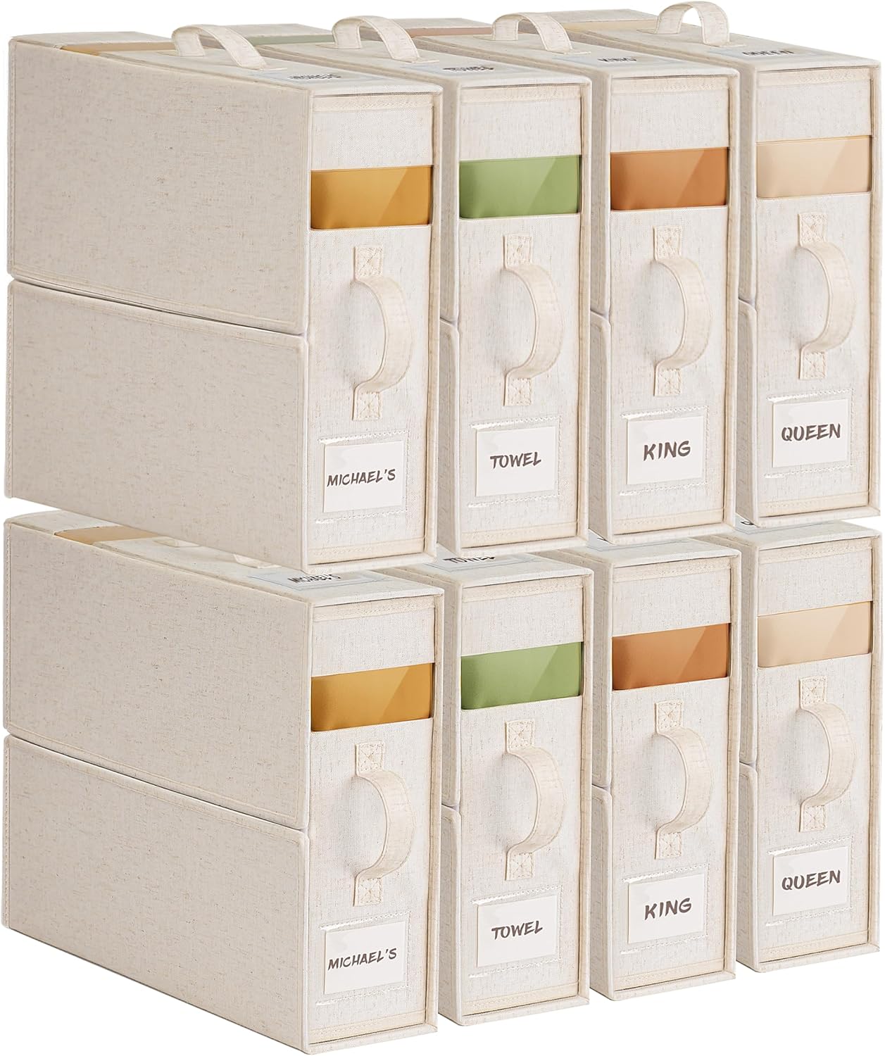 8Pack Linen Sheet Organizers for Linen Closet - King/Queen Size Bedding Storage Boxes with Clear Window | Foldable, Dustproof Sheet Storage Organizer for Blankets & Sheet Sets,Off-white