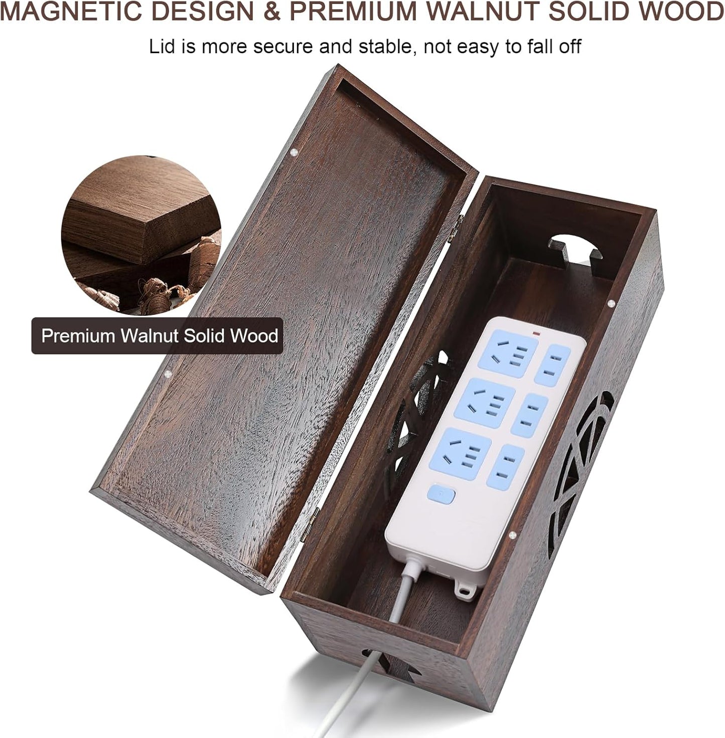 Wood Cable Management Box - 15.8" (L) x 6" (W) 5.5" (H) Walnut Wood Cable Hider Box, Cord Hider with Magnet Design & Outlet Hole, Power Strip Surge Protect & Organizer for Home Office Kitchen TV Wires