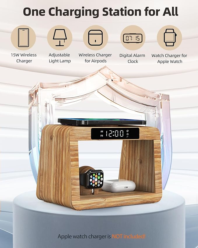 Bamboo Wireless Charging Station,Wireless Charger with Digital Alarm Clock and Night Light, Fast Charger Stand for iPhone 16/15/14/13/12/11 Pro Max/X/Xs, AirPods Pro, iWatch Series 10/9/8/7/6/5/SE