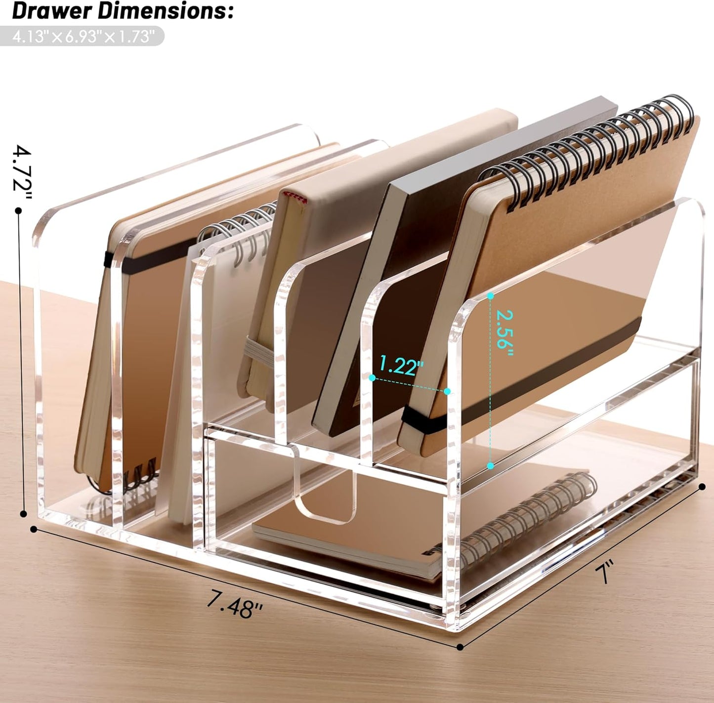 SANRUI Desk Organizers and Accessories, Acrylic Mail Organizer Countertop, 5-Slots File Sorter with Drawer, Desktop Organizer for Office Supplies