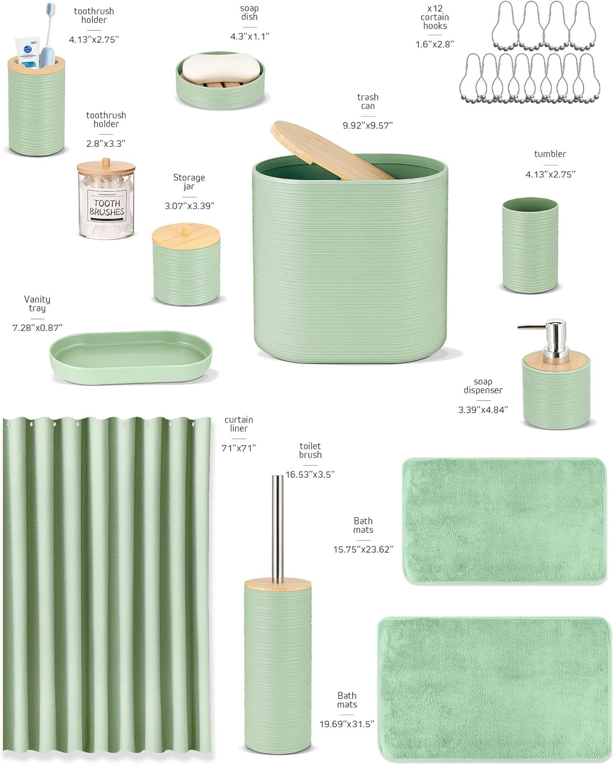 IMAVO Green Bathroom Set,26Pcs Bathroom Accessories Set with Waffle Shower Curtain,Rugs,Trash Can,Tray,Soap Dispenser,Soap Dish,Toothbrush Holder,Toothbrush Cup,Toilet Brush Holder and Qtip Holders
