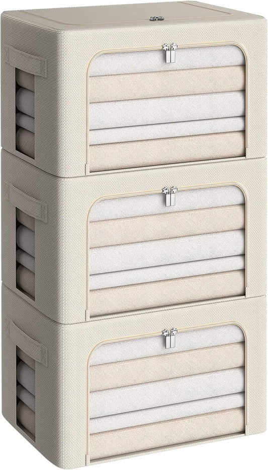 3Pack Frame Storage Box - Clothes Storage Bin Bags Oxford Fabric Foldable Stackable Container Organizer Set with Clear Window & Carry Handles (Beige, X-Small-36L)