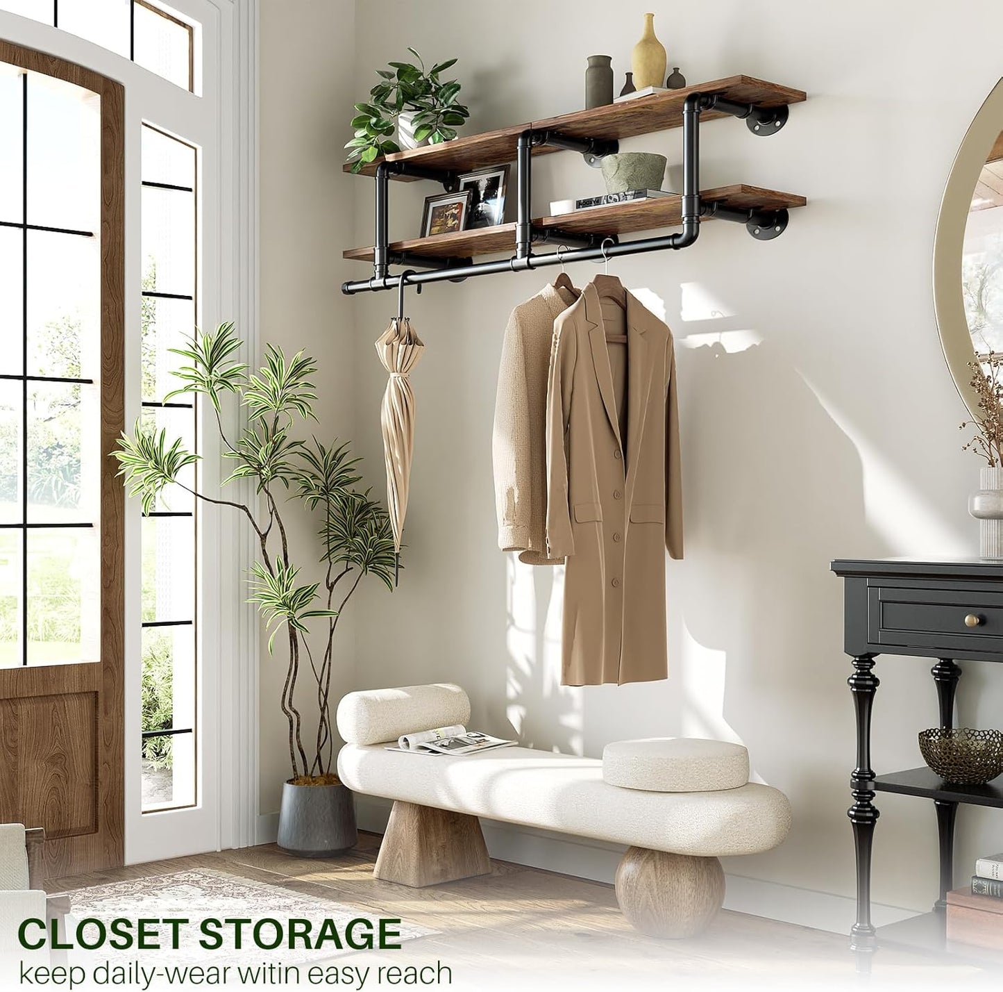 Aheaplus Industrial Pipe Clothes Rack with Top Shelf, 47In Space-Saving Wall Mounted Clothing Rack, 2 Tiers Heavy Duty Pipe Clothing Shelves with Hanging Rod for Laundry Room, Closet, Rustic Brown