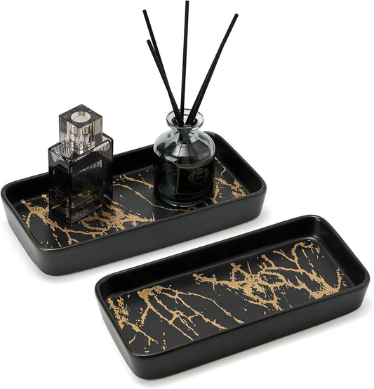 Bathroom Vanity Tray for Countertop,2PC Rectangle Marble Tray Set,Decorative Bathroom Organizer for Scrubber, Lotion Bottles, Perfume, Jewelry, Candle, Key Trinket Ring（Small,Black）