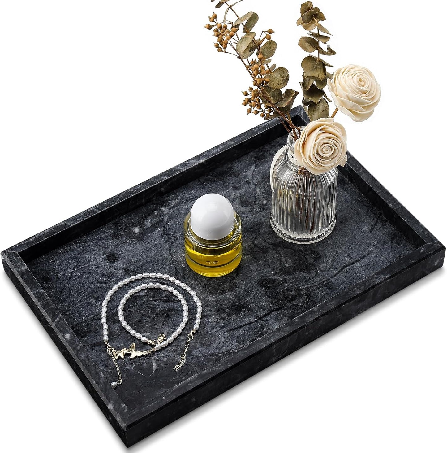 Real Natural Marble Tray for Bathroom, Vanity, Kitchen and Desktop, Rectangle Genuine Marble Stone Tray for Jewelry, Cosmetics, Candles, Lotion, Perfume and Home Decor Black