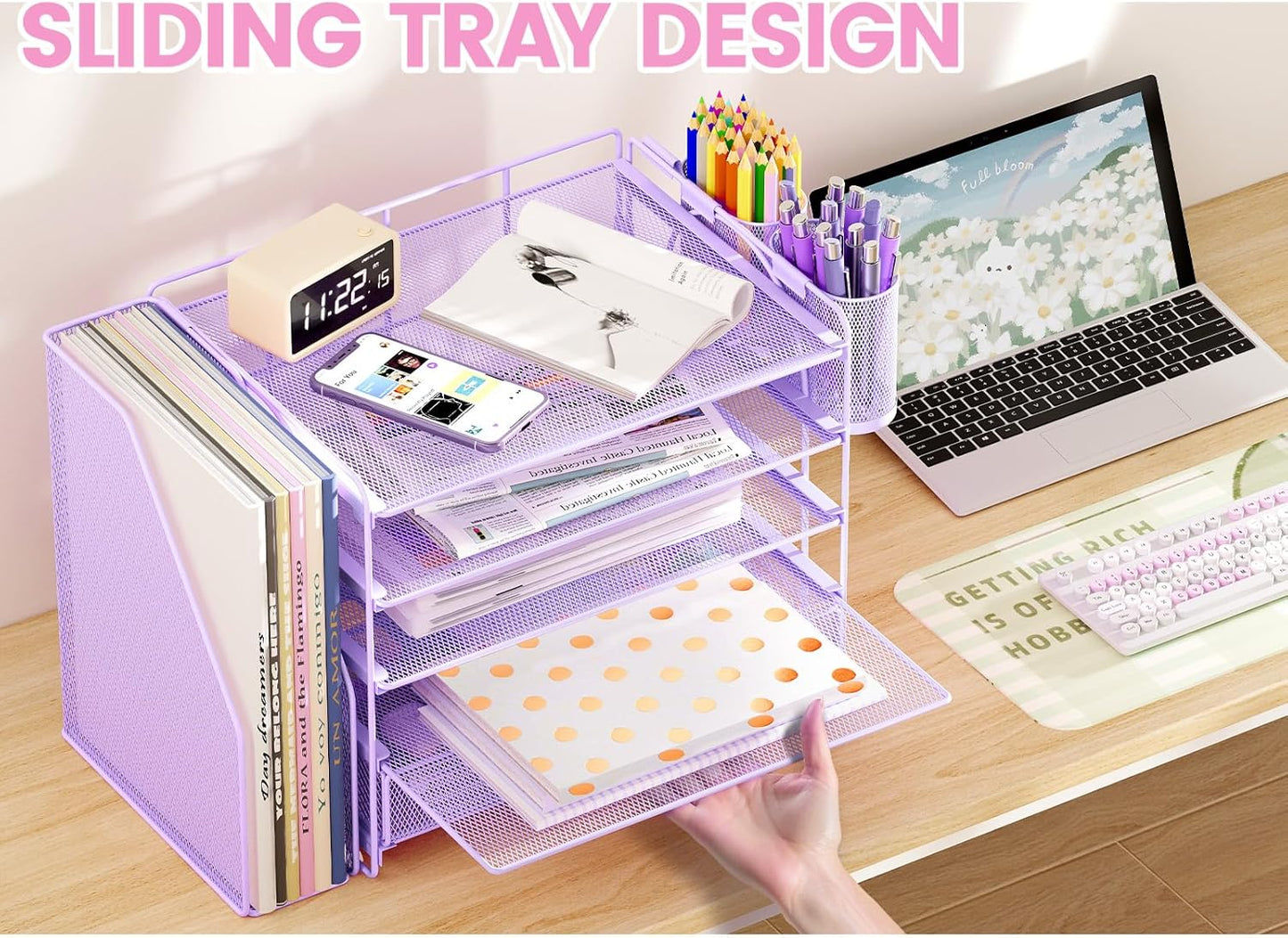 Desk Organizers and Accessories with File Holder, 5-Tier Office Desk Accessories & Workspace Desktop Organizer with Drawer and 2 Pen Holder, File Paper Organizer for Office Supplies(Purple)
