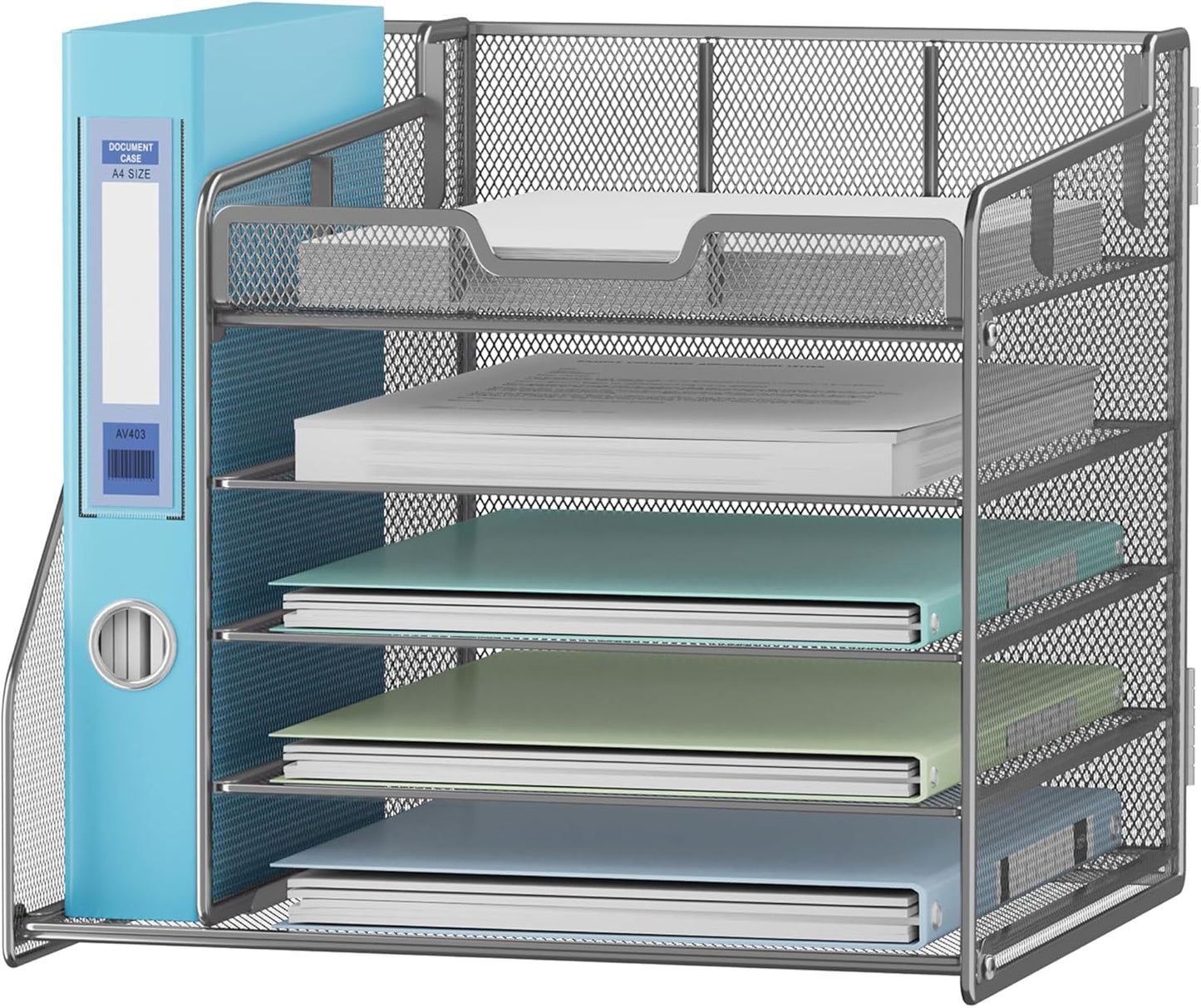 Lavatino 5-Tier Metal Mesh Desk Organizer with File Holder & 7 Customizable Compartments | Paper Letter Tray for Office or Home Desk Storage | Keep Workspace Supplies Neat & Organized, Silver