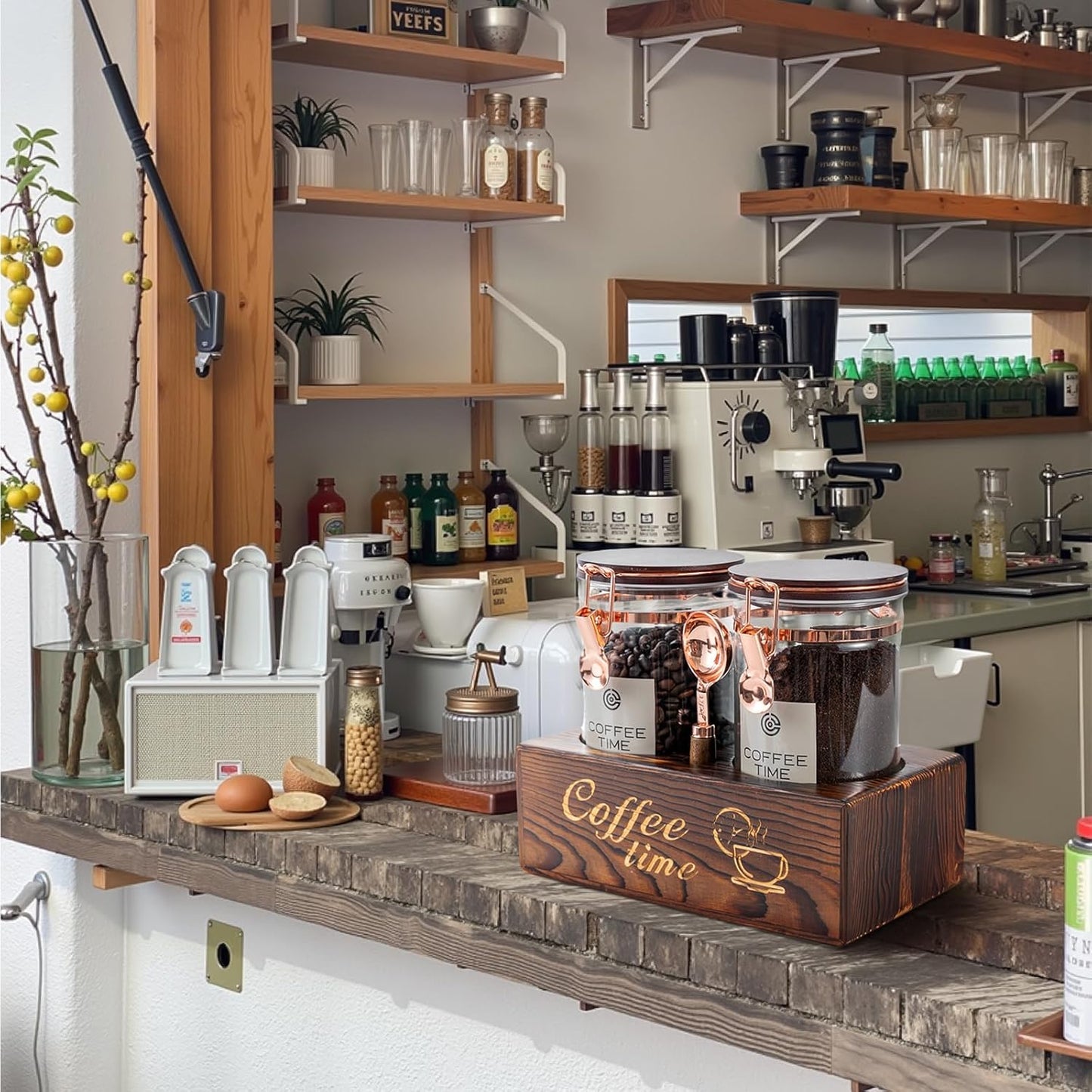 2-Piece Borosilicate Glass Coffee Storage Jars with Wooden Stand & Spoon - Airtight Sealed Containers for Coffee Beans, Ground Coffee, Tea - Clear Glass Canisters for Kitchen Countertop