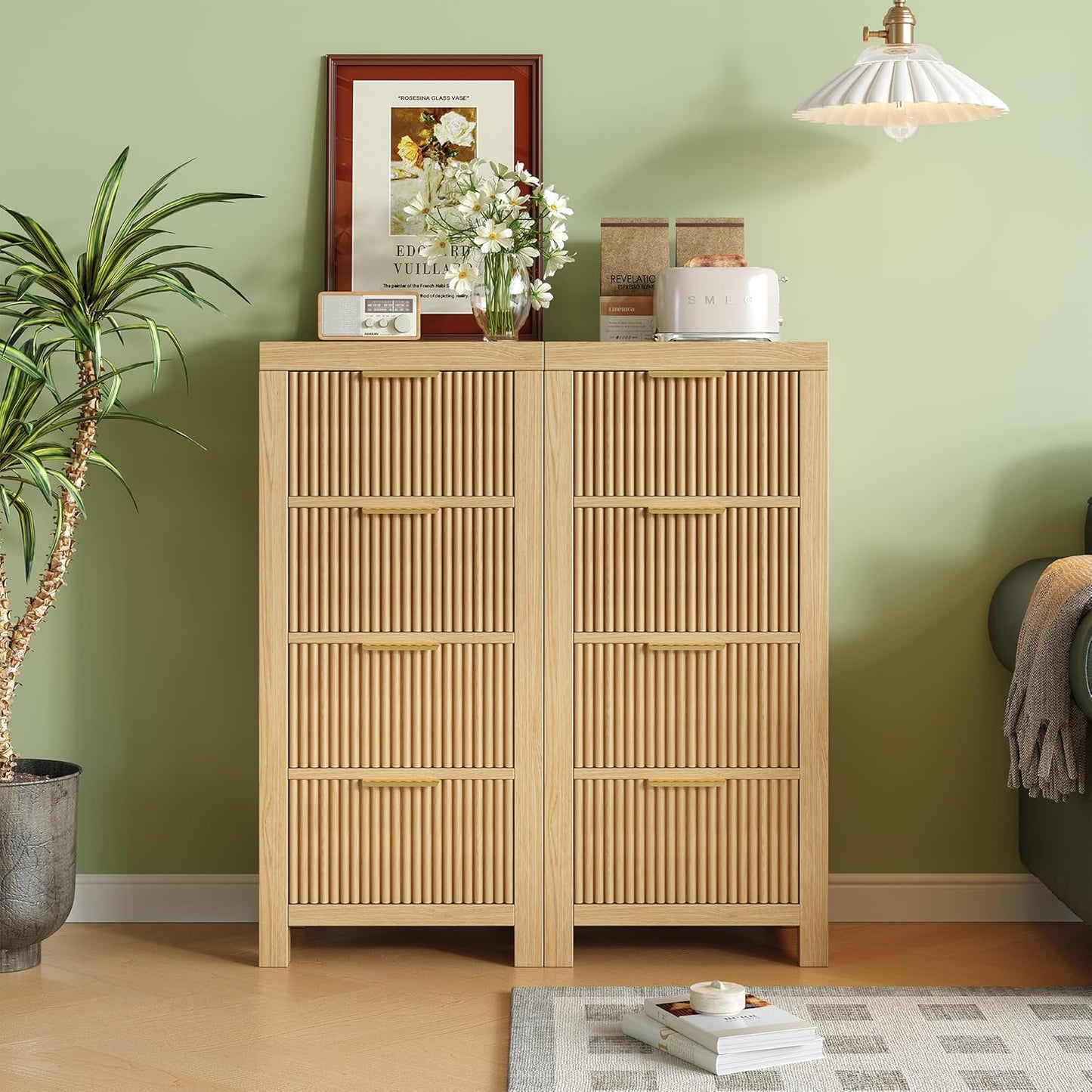 Mid-Century Modern Tall Wooden Dresser with 8 Spacious Drawers, Entryway Storage Chest with Smooth Metal Handles, Bedroom Clothes Organizer for Entryway, Office, and Small Spaces, Natural X2