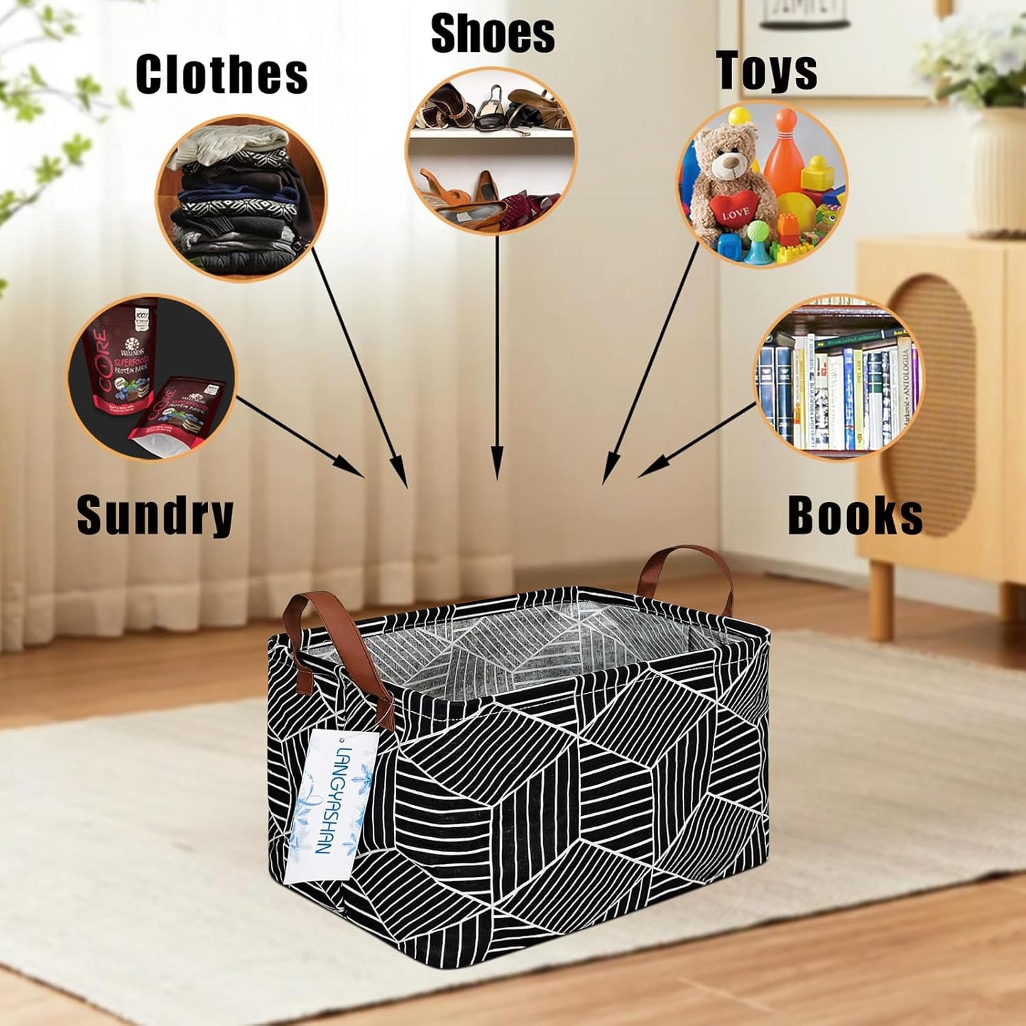 LANGYASHAN Rectangular Storage Bin Collapse Canvas Fabric Cartoon Storage Basket with Handles for Organizing Home Kitchen Boys and Girls Toys Office Closet Shelf Baskets (Black Diamond)