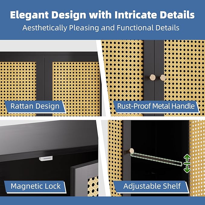 HITNET Wall Cabinet, Bamboo Medicine Cabinet with Rattan Doors and Adjustable Shelf, Bathroom Hanging Storage Organizer Over Toilet for Small Space (Black)