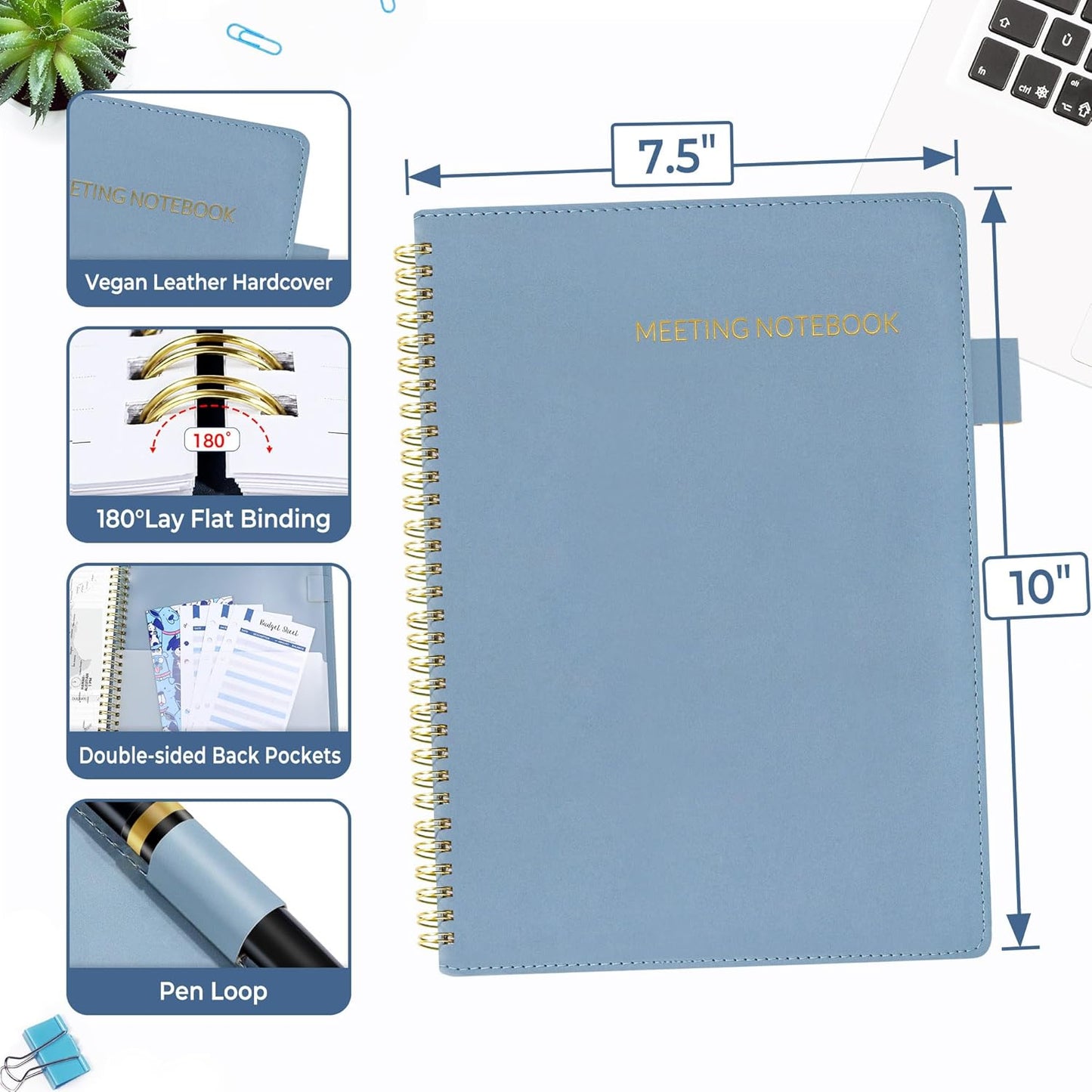 SUNEE Half Meeting Half Note - 7.5"x10" Professional Notebooks for Work - 160 Pages, B5 Size Project Planner, Spiral Meeting Agenda Organizer for Women Men, Note Taking,Office with Vegan Leather Cover