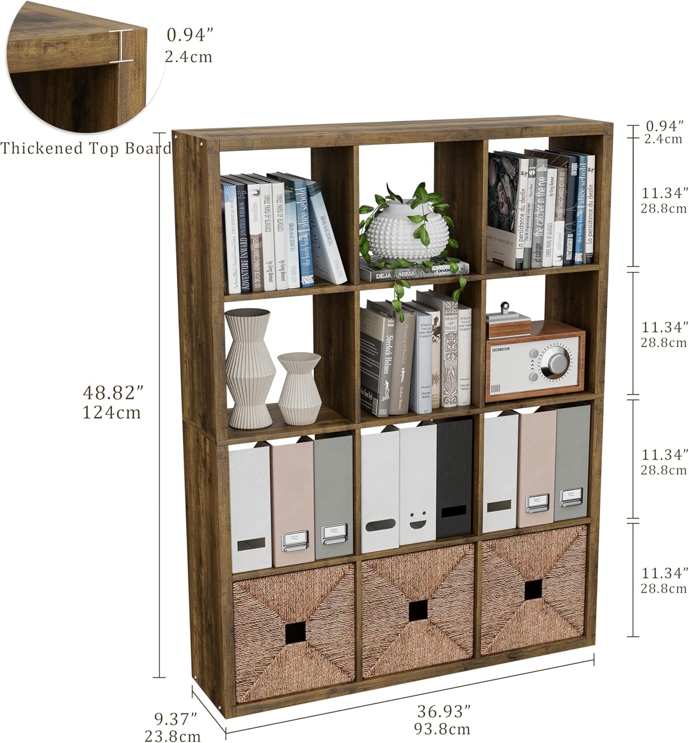 Cube Storage Organizer Bookcase, Decorative 11 inch Open Back Cubical Shelf with Thickened Border, Display Bookshelf for Living Room, Home Office, Sturdy Room (Brown, 12 Cube)