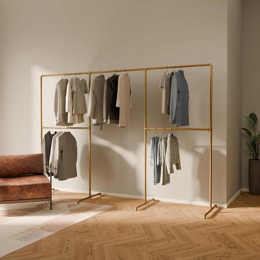 pamo Gold Clothing Rack – 114.17" W x 76.38" H – Industrial Pipe Metal Garment Organizer for Bedroom or Retail – Heavy-Duty Clothes Rack – Easy Assembly