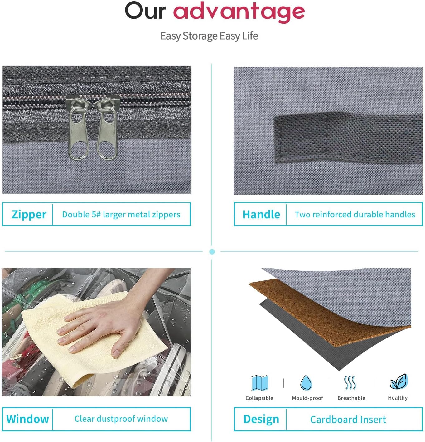 Onlyeasy Large Under Bed Shoe Organizer (6 to 12 Pairs x 2) - Underbed Shoes Closet Storage Solution with Metal Zipper and 2 Handles, Breathable, 29.3"x23.6"x5.9", Linen-like Grey, MXDUBSB2P