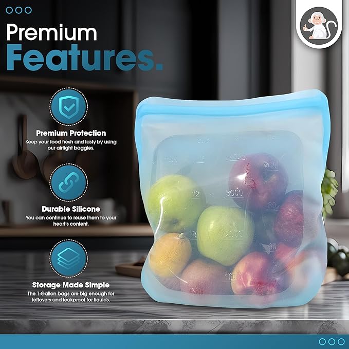 135oz. XXL Reusable Silicone Bag - 1 Gallon Freezer Bags for Food Storage, Meal Prep, Zero Waste, Kitchen Organization, Sous Vide, and Freezer Safe Containers (Extra Large, Blue)