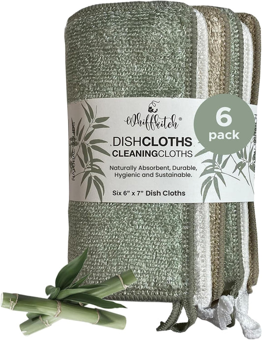 Whiffkitch Dishcloths Dishrags for Kitchen and Household Cleaning 6x7 6-Pack Non-Scratch 2-Ply Weave, Rayon Derived from Bamboo, Absorbent, Washable, Long-Lasting