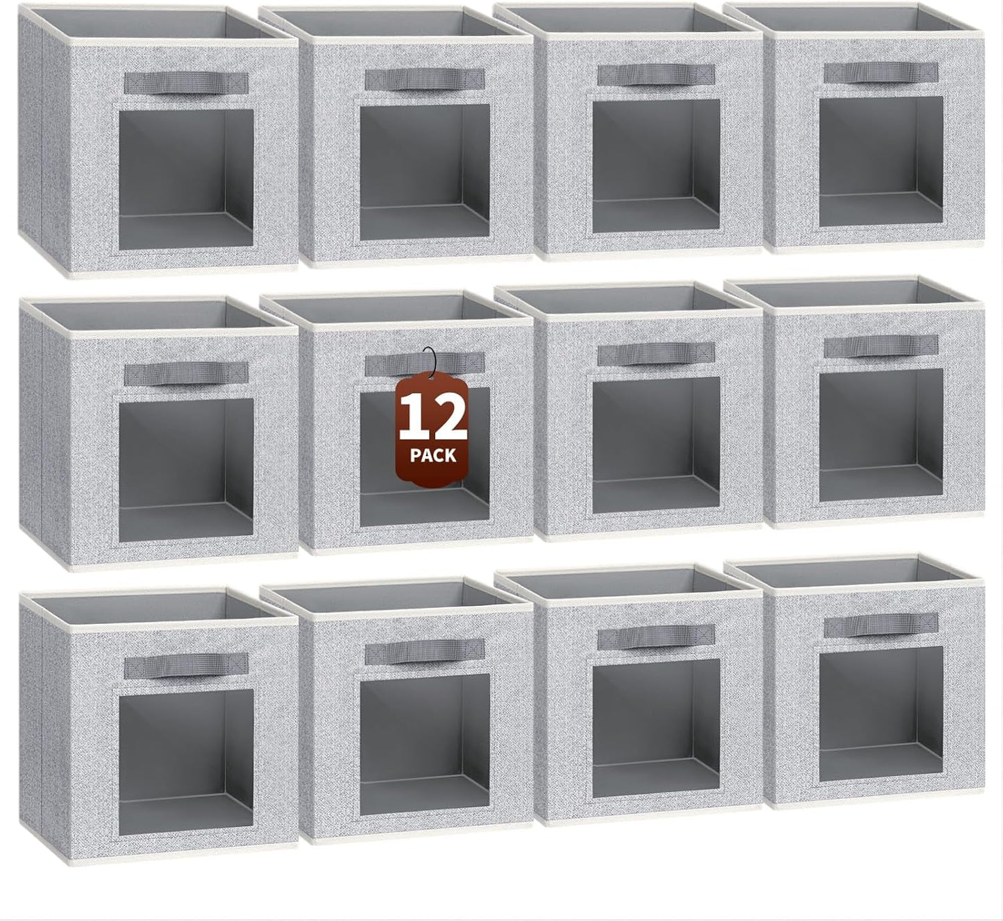 Foldable Storage Cubes - Square Organizer with Window, Decorative Baskets for Organizing, Fabric shelf Basket for Clothes, 11 Inch Closet Storage Cubes, Set of 12, Light Grey