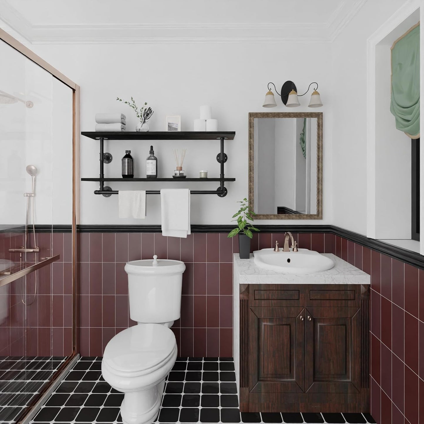 Black Clothes Rack 42in, 2-Tier Wall Mounted Garment Rack with Real Wood Shelf, Heavy Duty Hanging Clothes Rack, Multi-Purpose Hanging Rod, Space-Saving Closet Storage