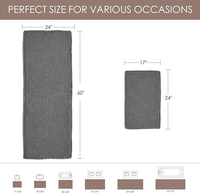 KGORGE Waffle Bath Mat, Super Absorbent 17" X 24" Farmhouse Ultra Soft Bathroom Rugs with Tassels for Bathroom Decor, Boho Non Slip Rubber Backed Shower Mats for Floor Bathtubs, Grey, 1pc