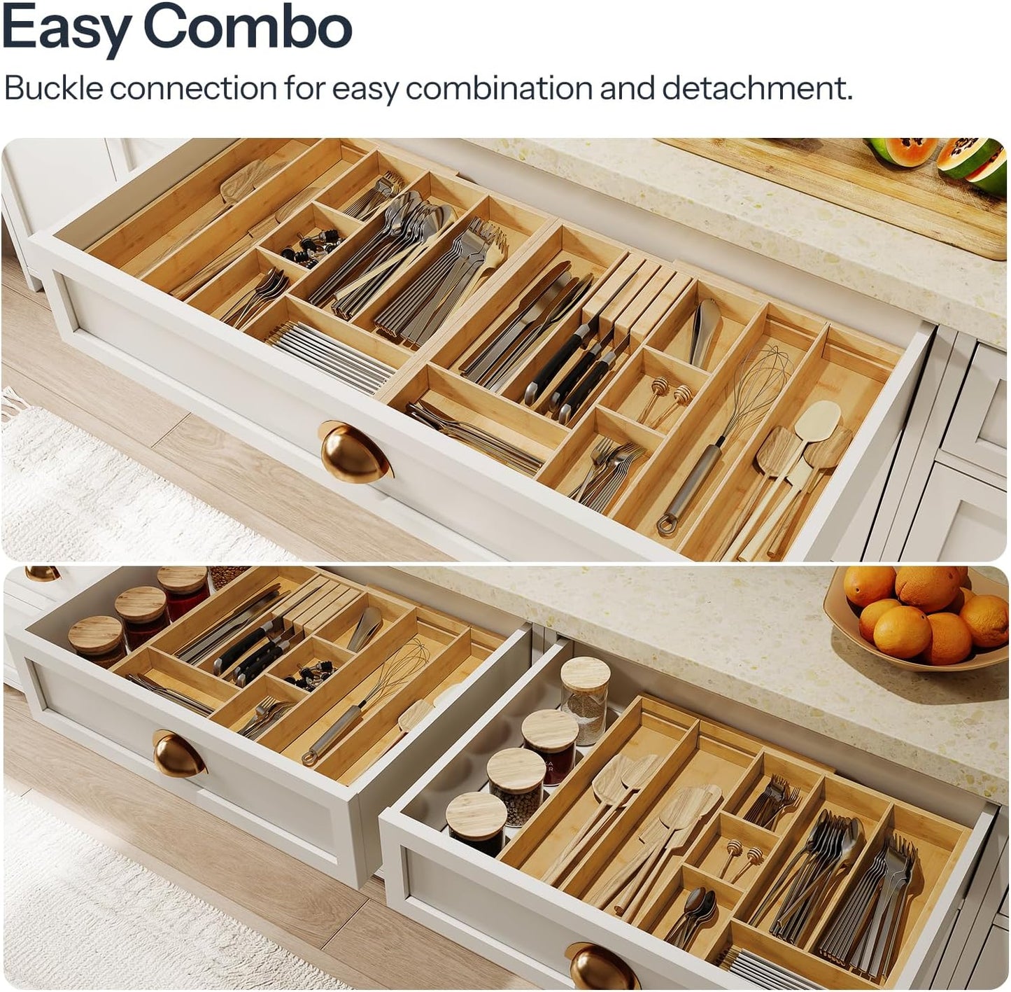 HO0BRO Large Silverware Organizer Kitchen Drawer Organizer, Magnetic Connected Expandable Utensil Organizer From 22 to 35 Inches, Bamboo 16 Slots Cutlery Tray with Knife Holder, Natural YL07TL01