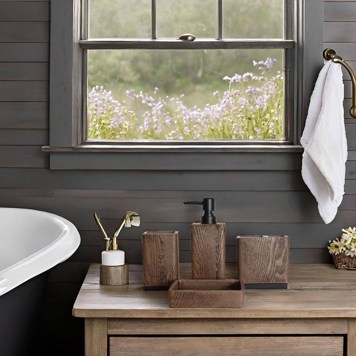 Hymmah Wood Grain Design Bathroom Accessories Set,Farmhouse Bathroom Decor,4 Pcs Resin Gift Set Apartment Necessities, Contain Cotton Swab Jar,Soap Dispenser,Tumbler，Soap Dish/Tray