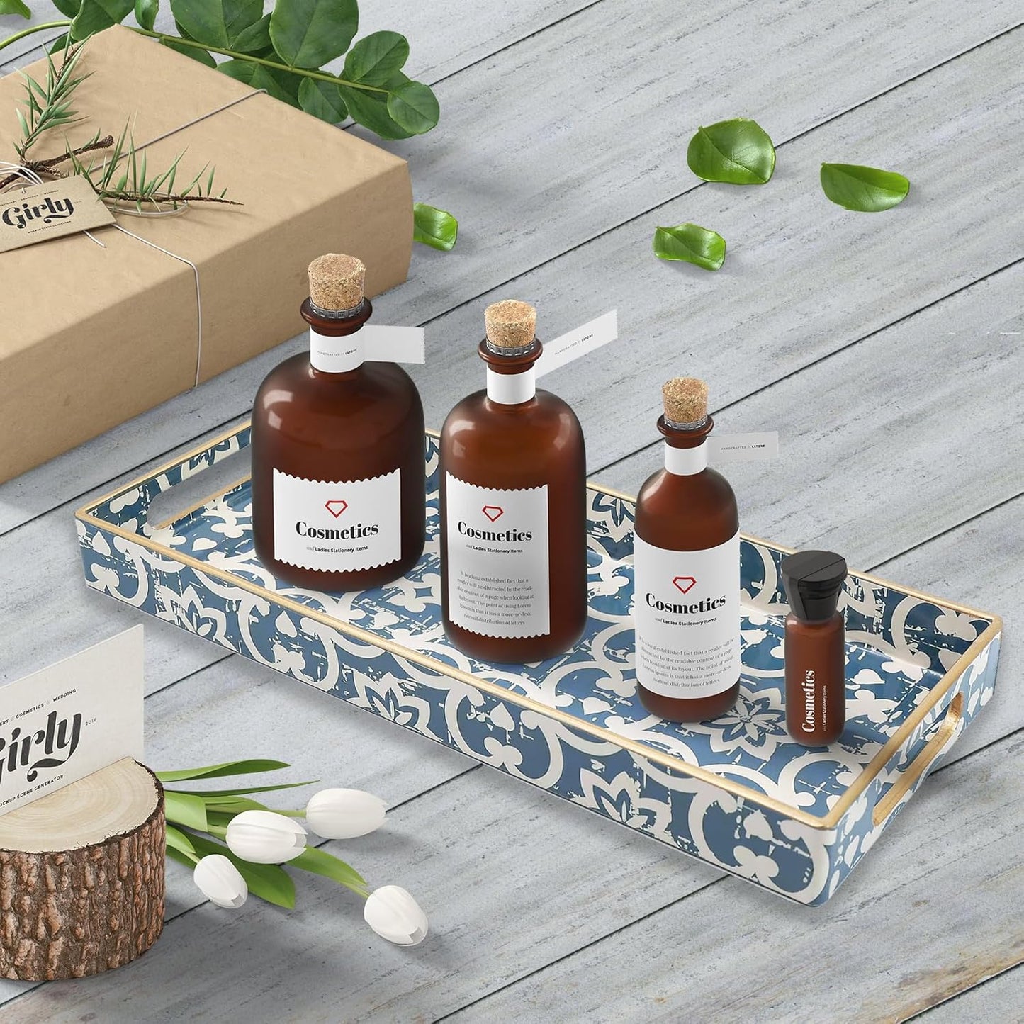 Bathroom Vanity Tray for Countertop, Small Plastic Toilet Tank Tray Versatile Storage & Organization Tray for Makeup, Perfume, Desk, Kitchen, Candles, 13.7"x6"x1.4", 35Boho1