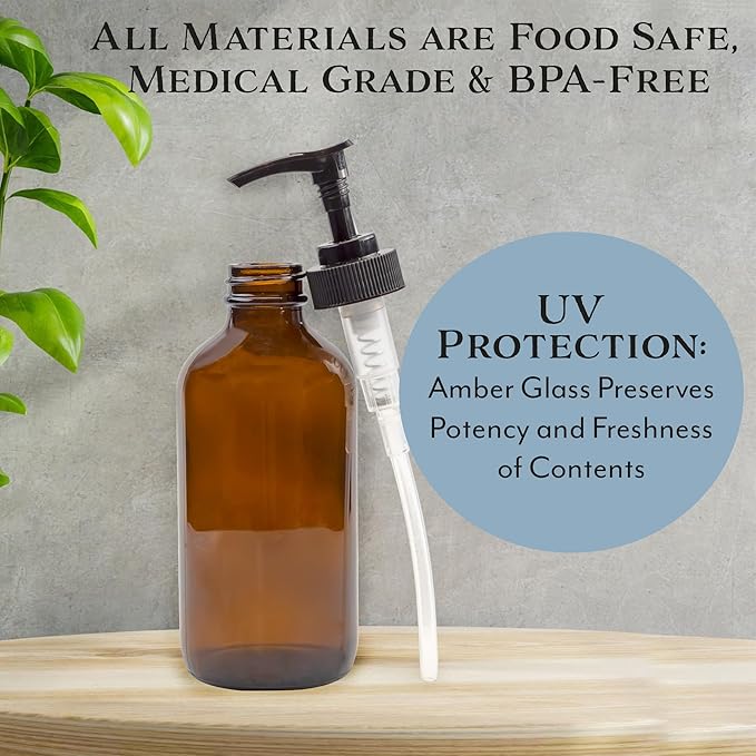 Cornucopia Brands 8oz Glass Pump Bottles (Pack of 4, Amber Brown) Lotion Soap Dispensers w/Black Plastic Pumps