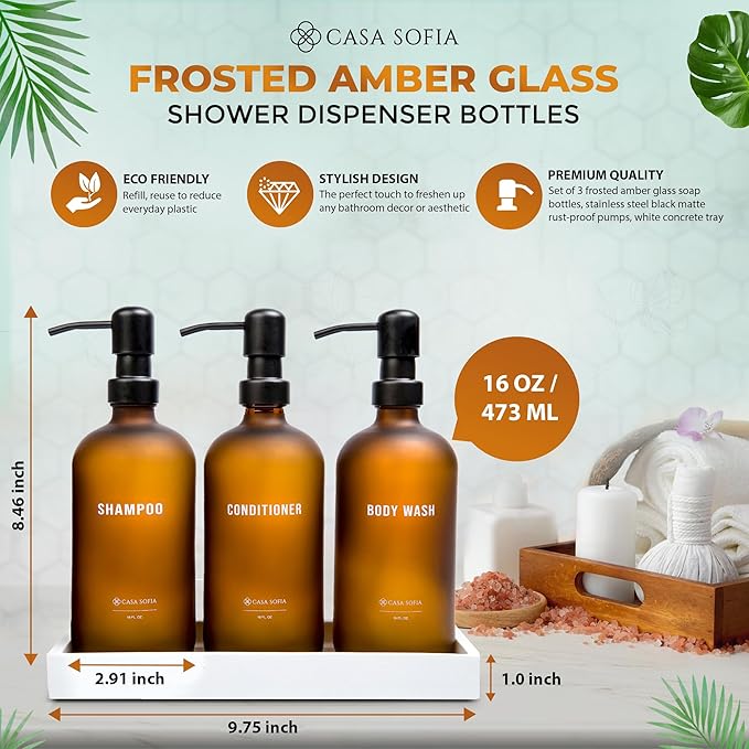 Frosted Amber Glass Shampoo and Conditioner Dispenser Set – Refillable 16 OZ Bottles with Pump, Concrete Tray Included – Modern Bathroom Organization