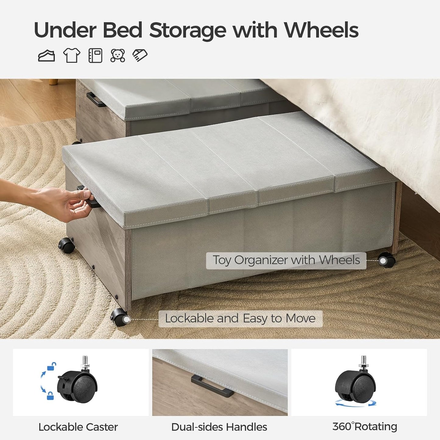 Under Bed Storage with Wheels, Bigger Size, Under Bed Drawers Heavy Duty, 2 Packs, Wooden Under Bed Storage Containers Organizer, Metal Frame, Patented Design