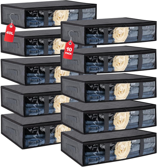 10 Pack Under Bed Storage Containers for Clothes Folding Storage Bins with Clear Window and Reinforced Handles Underbed Storage Containers for Organization and Storage Clothing Blankets