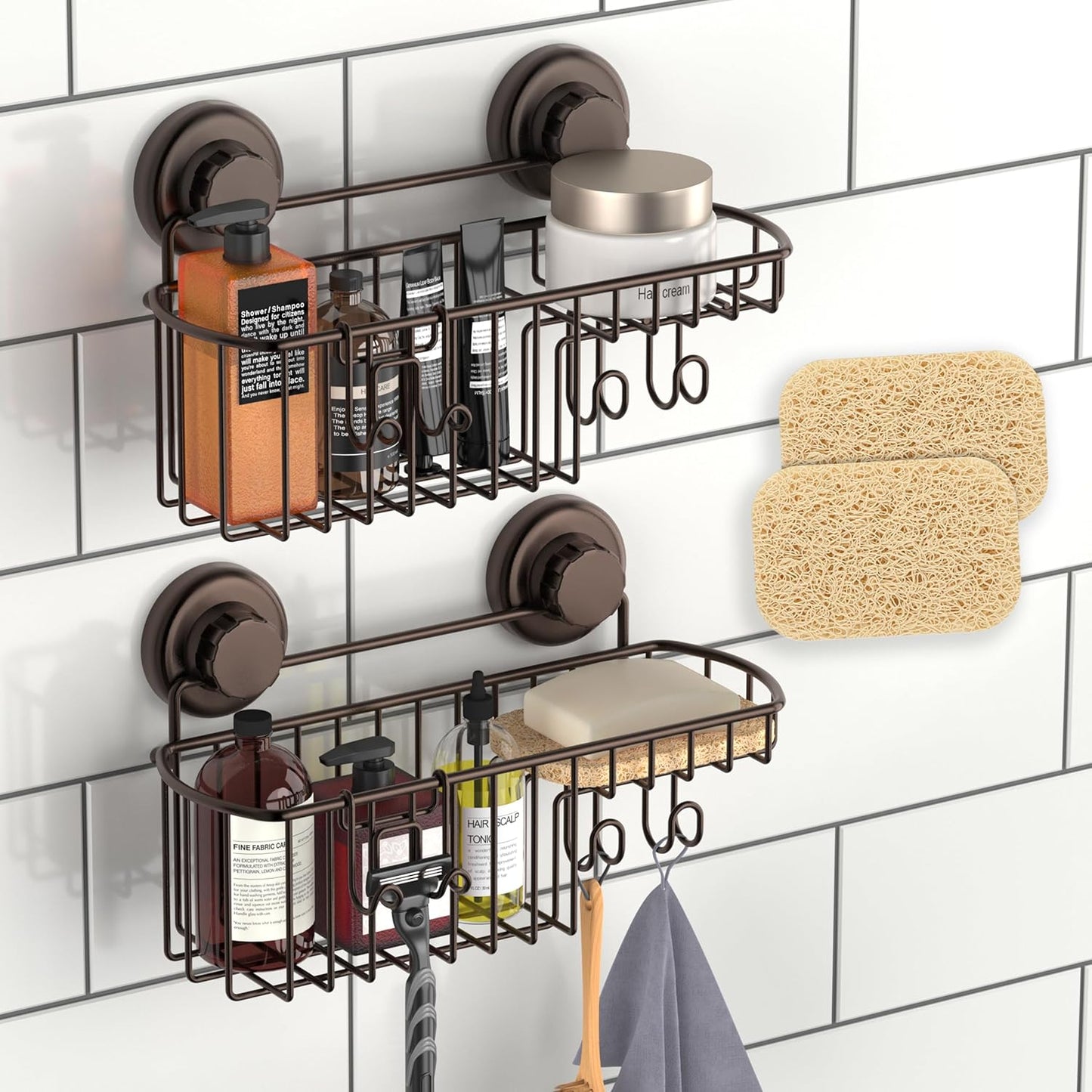 HASKO 2 Pack Shower Caddy Suction Cup with Hooks & Soap holder, Includes 2 Soap Savers, Shower Shelf, Bathroom Storage Organizer, Rustproof Shampoo Holder, Bronze