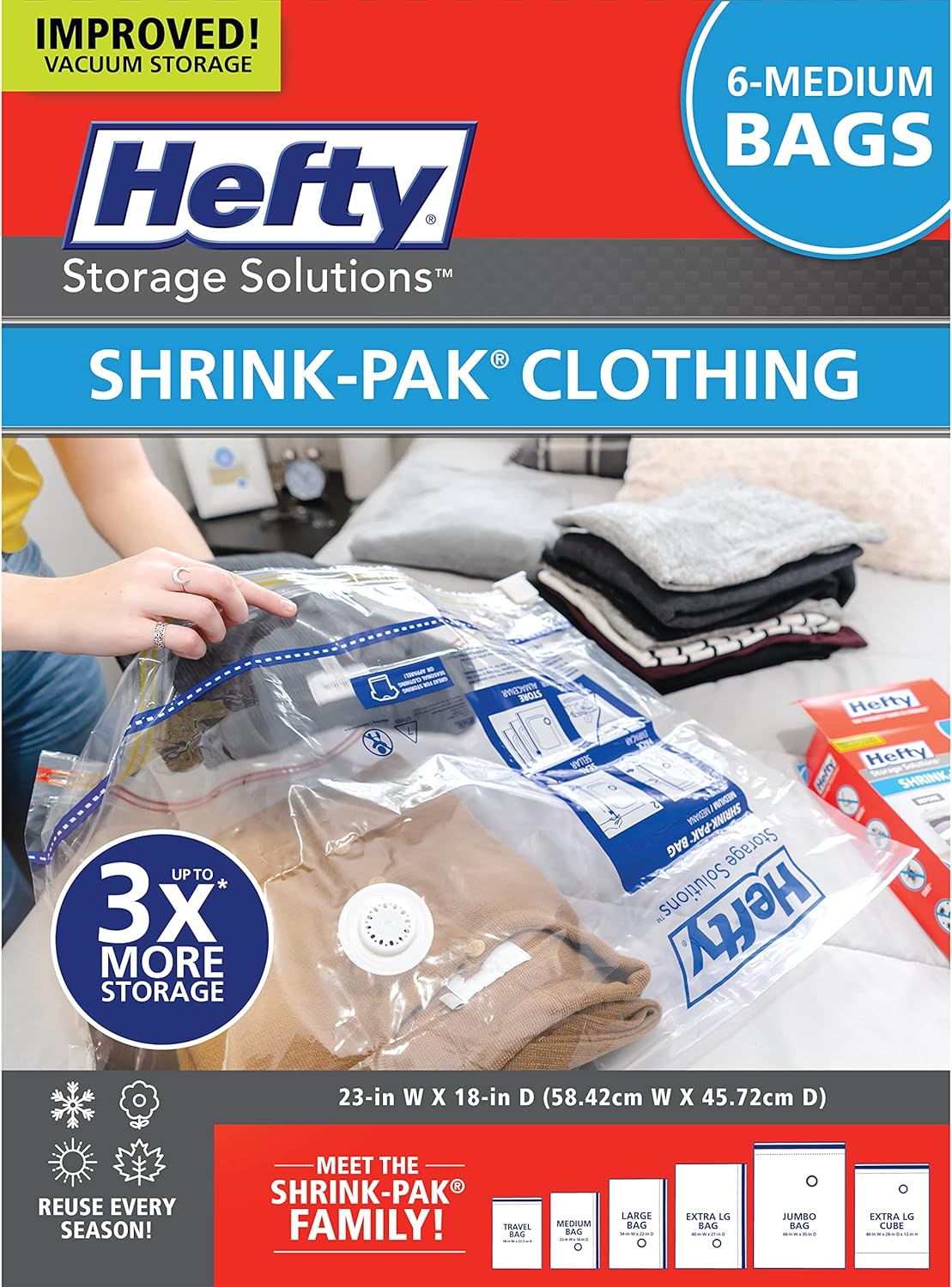 Hefty Shrink-Pak Vacuum Storage Bags - Space Saver for Under Bed Storage, Clothing and Comforters, 3X More Storage Space, 6 Medium Zipper Bags